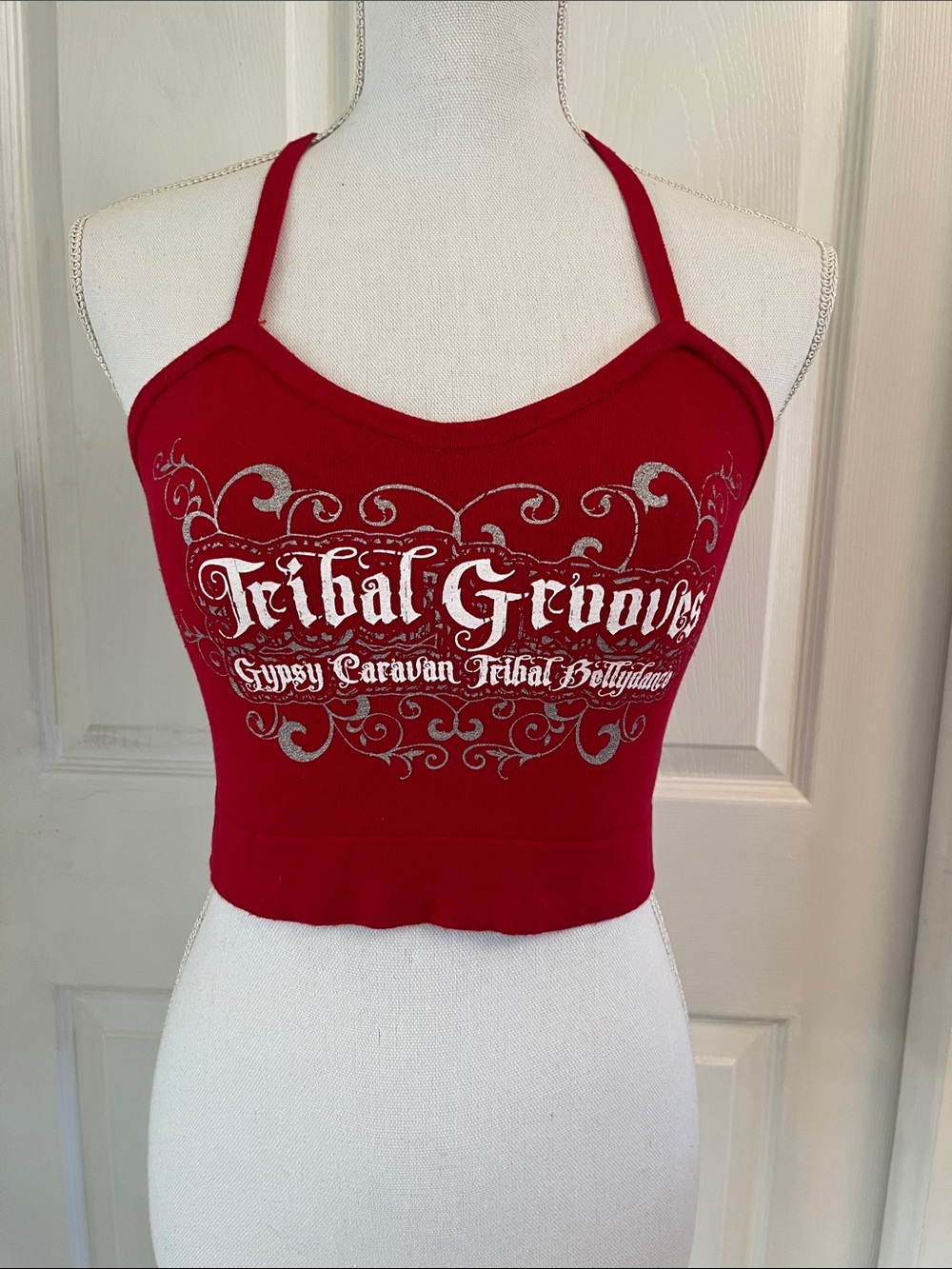 American Apparel Red Halter Tribal Groove Gypsy Caravan Crop Top